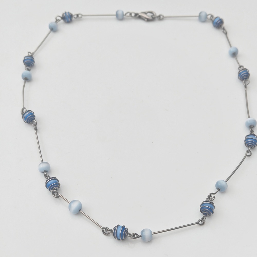 Blue Cats Eye Wire Wrapped Bead Station Necklace Silver Tone Bar Link Dainty